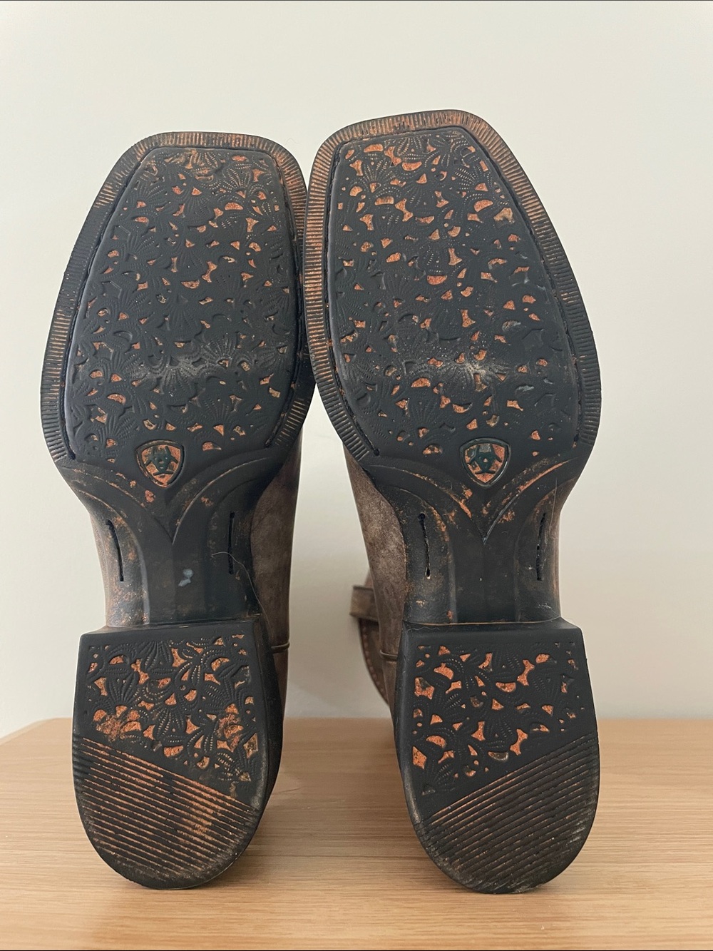 Ariat Distressed Brown Suede Western Heeled Boots with Subtle Pink Stitching - Picture 3 of 6